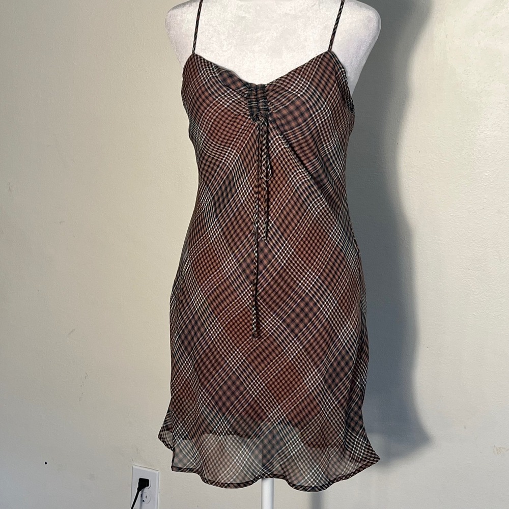 Urban Outfitters Plaid Mesh Mini Slip Dress Brown Mauve Ruched Bust Size M